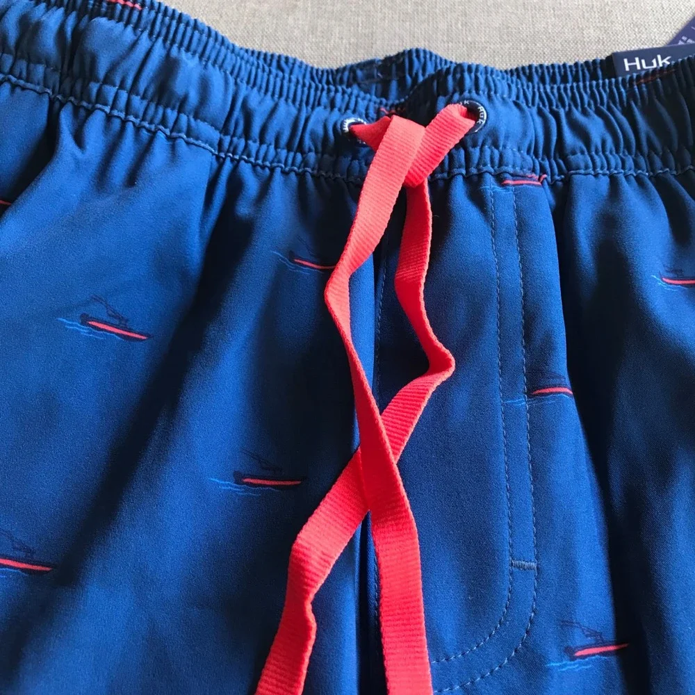 Huk Mens Charter‎ Volley Shorts Blue Boat Print Fishing Swim Trunks Small